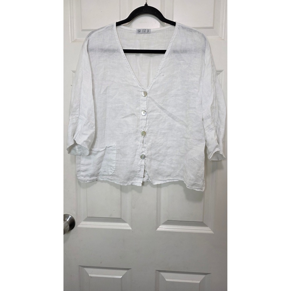 Made in Italy 100% Linen Button Down Blouse White Womens Size 8 Beachy Art 959